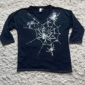 Thomas & Olivia Woman's Black Sequined Spider Halloween Top 3/4 Sleeves Size Lar